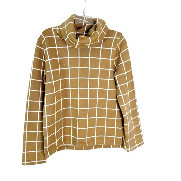 J. Crew Windowpane Fleece Lined Funnelneck Pullover Sweater Camel Tan Size M - Picture 5 of 11